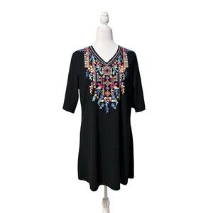 🌺Caleooa Black Boho Embroidered Floral Pullover Tunic L EUC!🌺